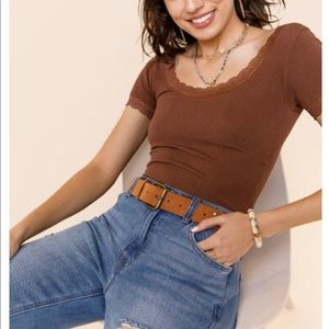 Francesca’s Mi Ami short sleeve lace trim ribbed cocoa brown neutral bodysuit